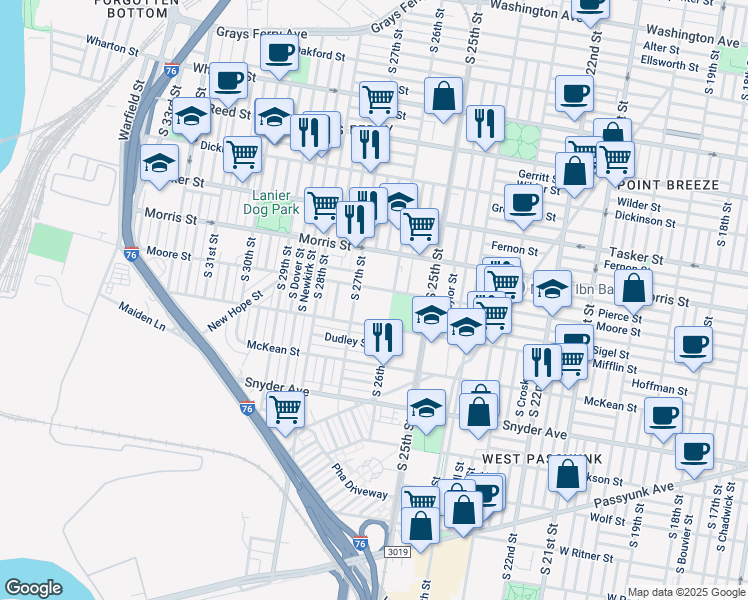 map of restaurants, bars, coffee shops, grocery stores, and more near 725 Sigel Street in Philadelphia