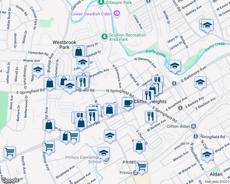 map of restaurants, bars, coffee shops, grocery stores, and more near 132 North Church Street in Clifton Heights
