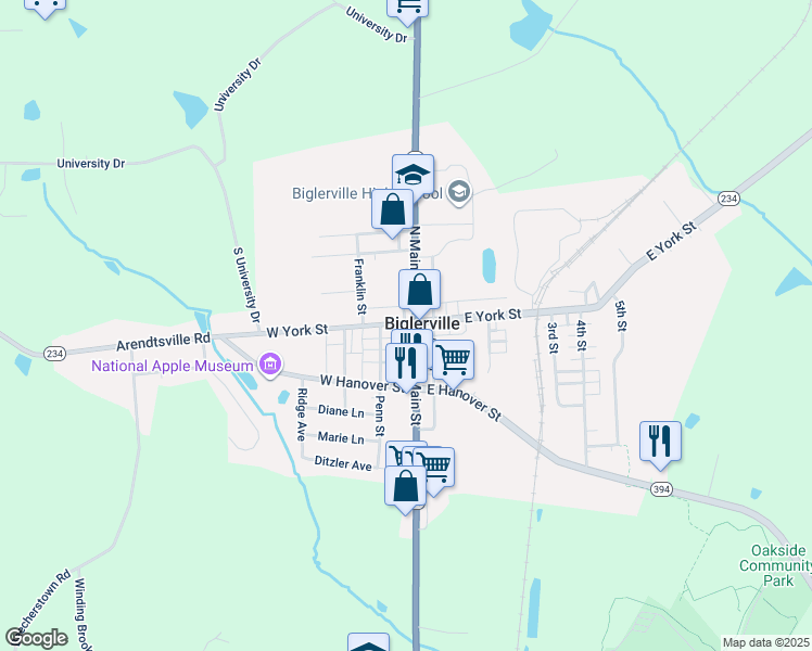map of restaurants, bars, coffee shops, grocery stores, and more near in Biglerville