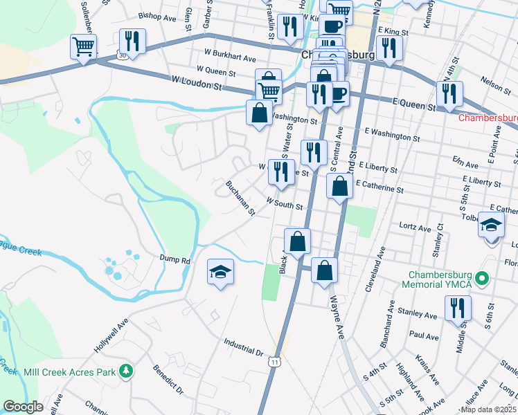 map of restaurants, bars, coffee shops, grocery stores, and more near 520 Hollywell Avenue in Chambersburg