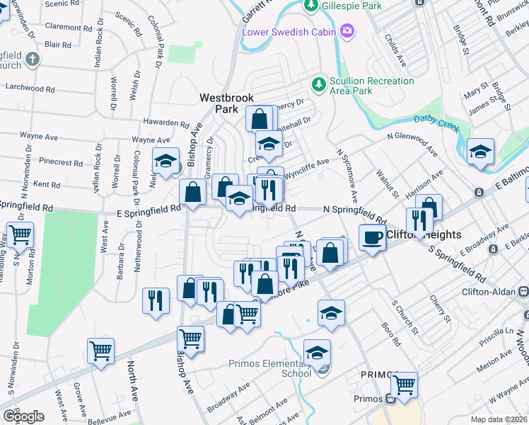map of restaurants, bars, coffee shops, grocery stores, and more near 436 Springfield Road in Clifton Heights