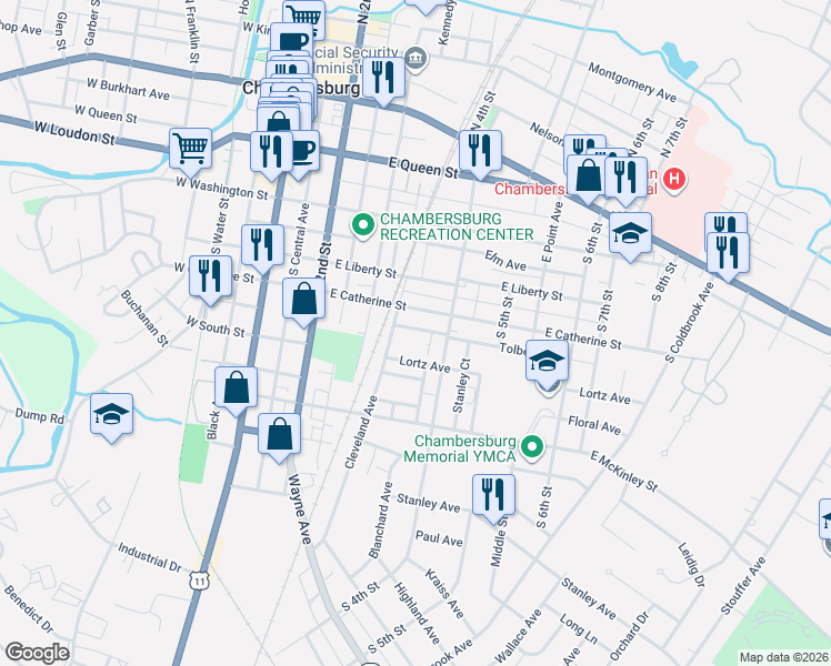 map of restaurants, bars, coffee shops, grocery stores, and more near 366 Tolbert Avenue in Chambersburg