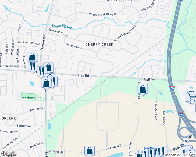 map of restaurants, bars, coffee shops, grocery stores, and more near 5055 Hall Road in Columbus