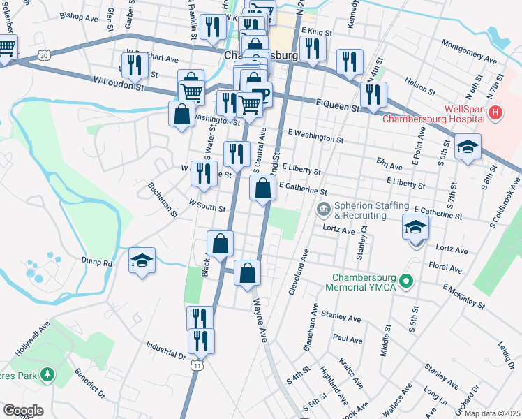 map of restaurants, bars, coffee shops, grocery stores, and more near 505 South 2nd Street in Chambersburg