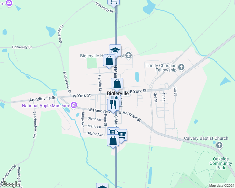 map of restaurants, bars, coffee shops, grocery stores, and more near 4 South Main Street in Biglerville