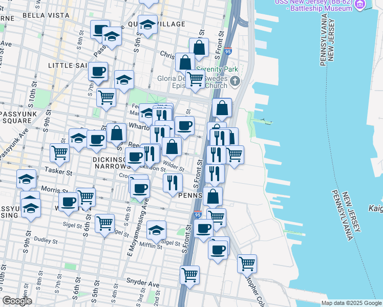 map of restaurants, bars, coffee shops, grocery stores, and more near 117 Reed Street in Philadelphia