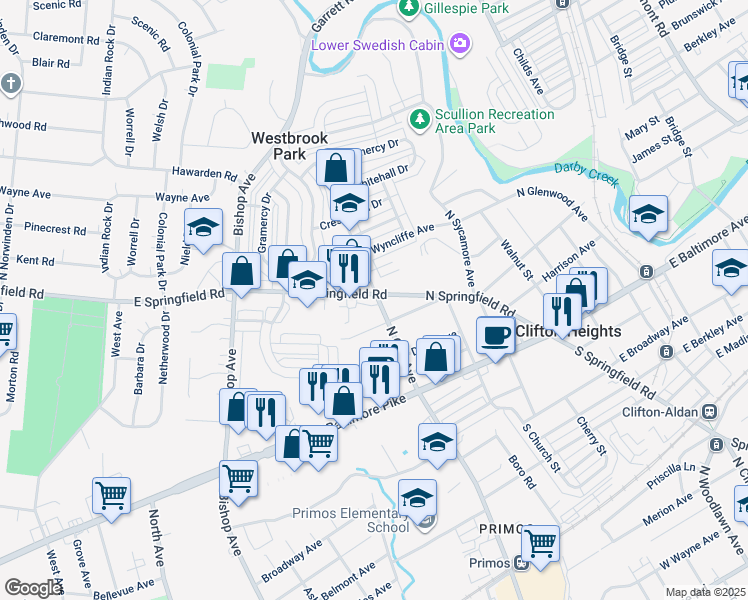 map of restaurants, bars, coffee shops, grocery stores, and more near 210 North Oak Avenue in Clifton Heights