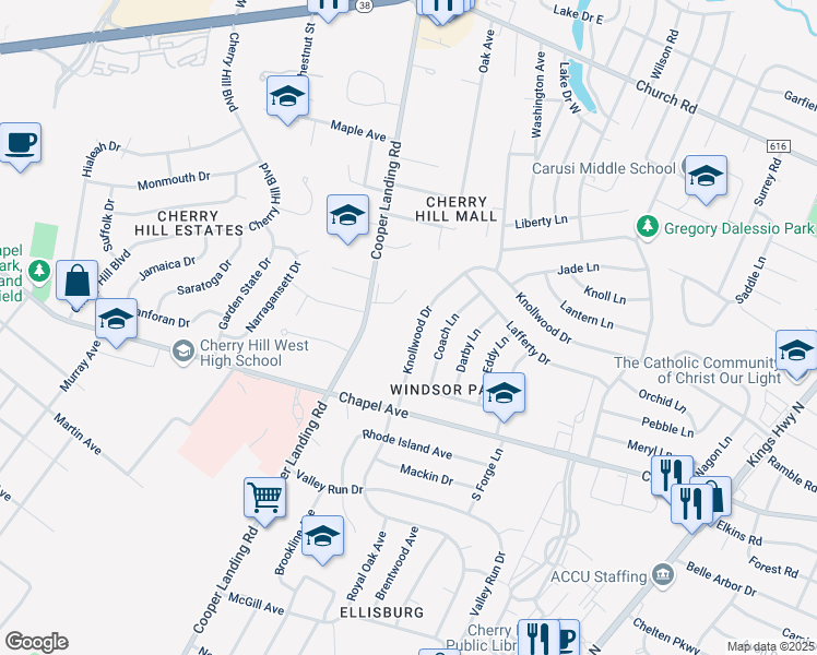 map of restaurants, bars, coffee shops, grocery stores, and more near 20 Knollwood Drive in Cherry Hill