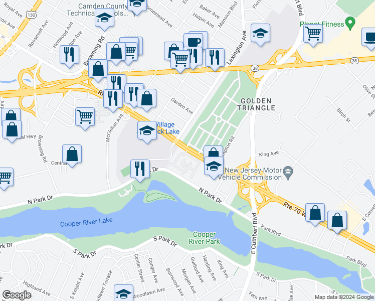 map of restaurants, bars, coffee shops, grocery stores, and more near 2395 Marlton Pike W in Camden