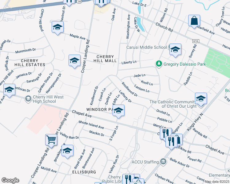 map of restaurants, bars, coffee shops, grocery stores, and more near 17 Darby Lane in Cherry Hill