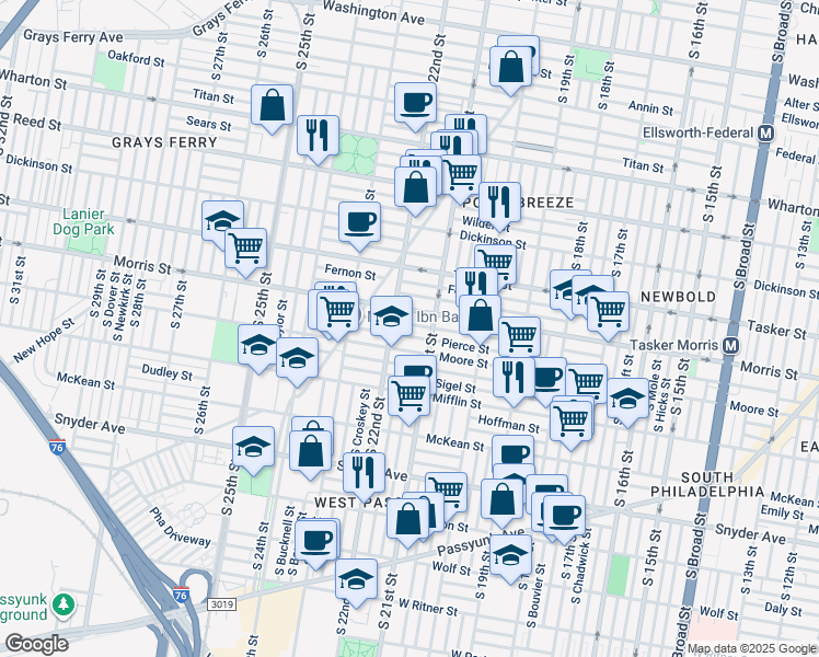 map of restaurants, bars, coffee shops, grocery stores, and more near 2130 Watkins Street in Philadelphia