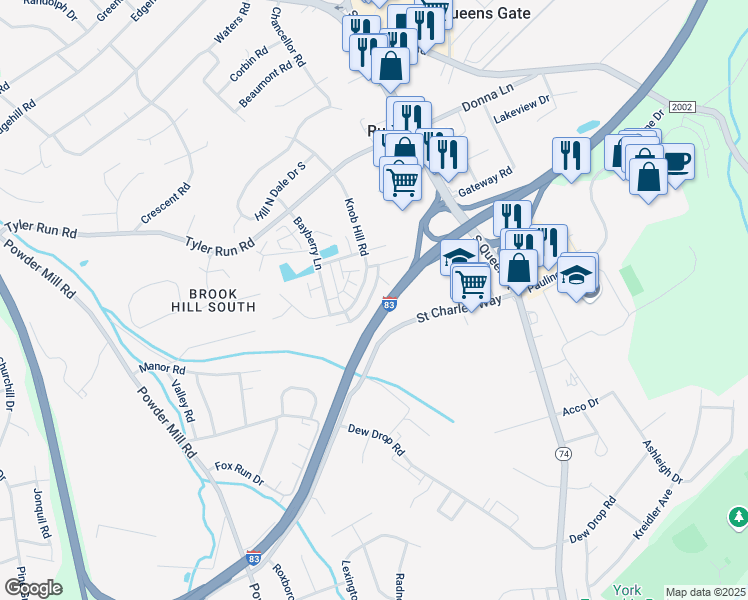 map of restaurants, bars, coffee shops, grocery stores, and more near 321 Harvest Field Lane in York