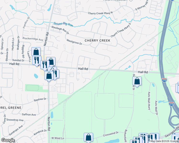 map of restaurants, bars, coffee shops, grocery stores, and more near 5400 Plumway Court in Columbus
