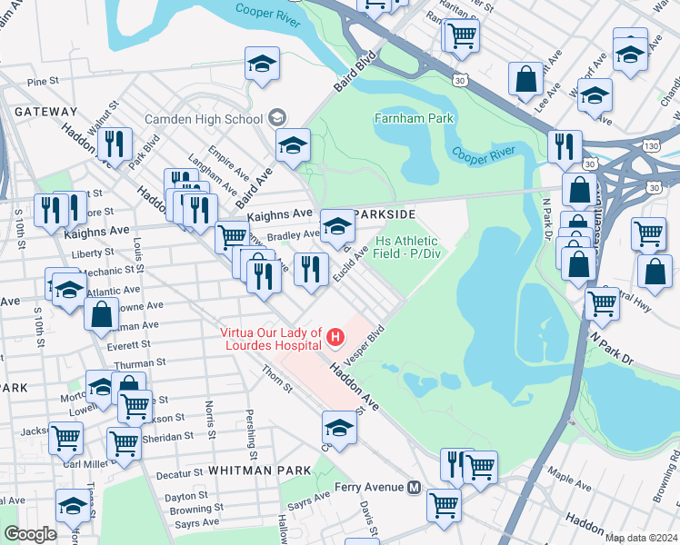 map of restaurants, bars, coffee shops, grocery stores, and more near 1493 Greenwood Avenue in Camden