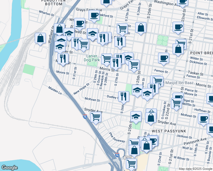 map of restaurants, bars, coffee shops, grocery stores, and more near 1821 South 28th Street in Philadelphia