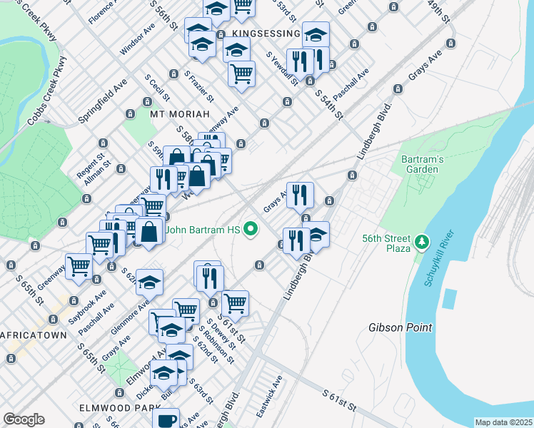 map of restaurants, bars, coffee shops, grocery stores, and more near 5738 Grays Avenue in Philadelphia