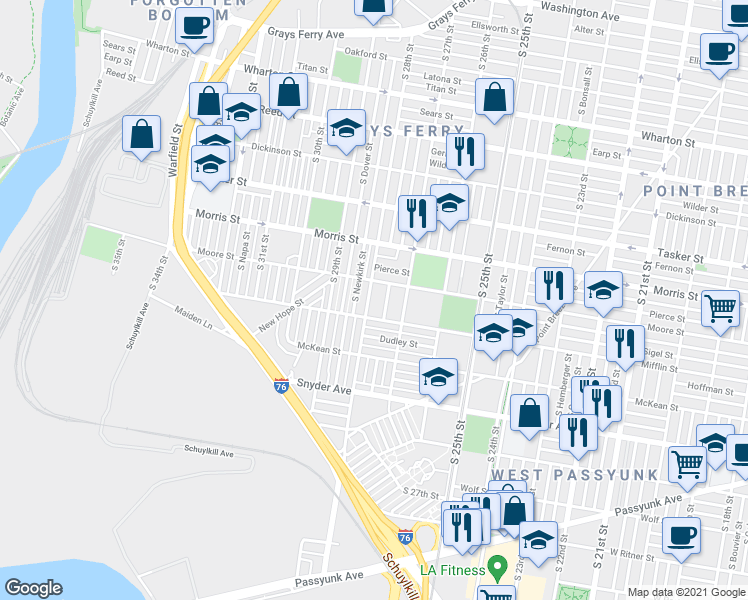 map of restaurants, bars, coffee shops, grocery stores, and more near 1821 South 28th Street in Philadelphia