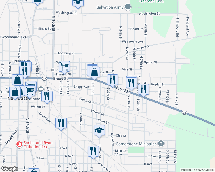 map of restaurants, bars, coffee shops, grocery stores, and more near 2225 Broad Street in New Castle