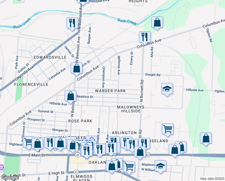 map of restaurants, bars, coffee shops, grocery stores, and more near 2229 Woodside Avenue in Springfield