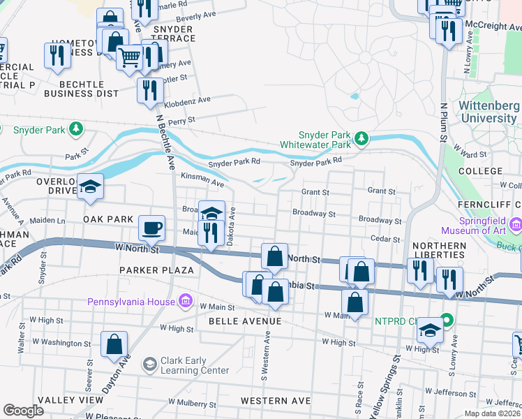 map of restaurants, bars, coffee shops, grocery stores, and more near 1009 Broadway Street in Springfield