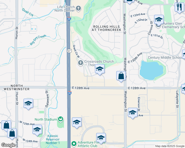 map of restaurants, bars, coffee shops, grocery stores, and more near 12900 Grant Circle West in Thornton