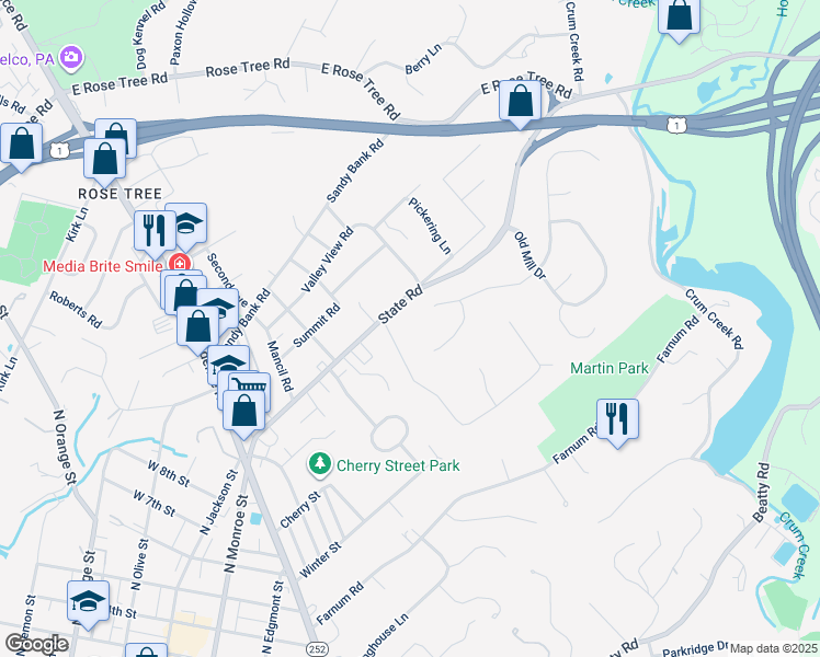 map of restaurants, bars, coffee shops, grocery stores, and more near 54 Bobbin Mill Road in Media