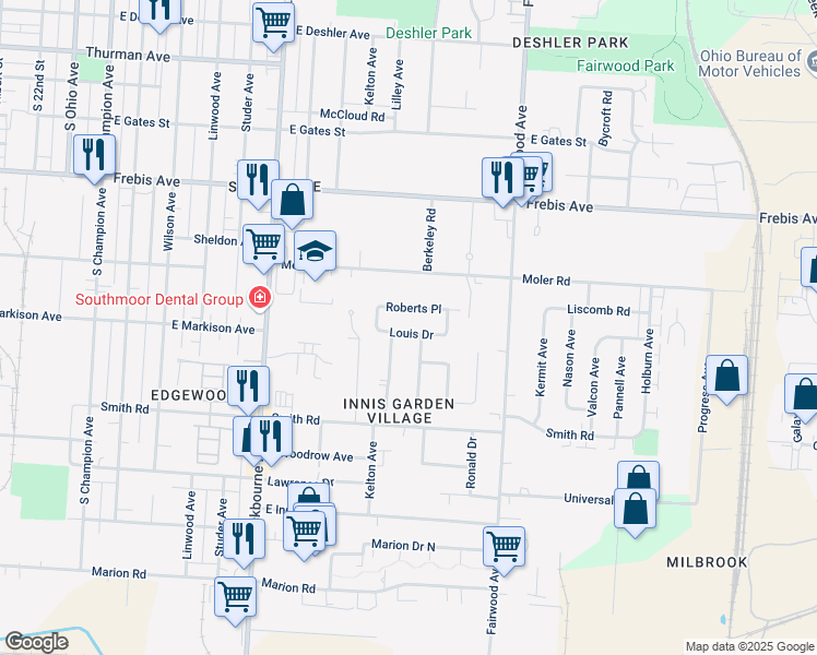 map of restaurants, bars, coffee shops, grocery stores, and more near 1300 Louis Drive in Columbus