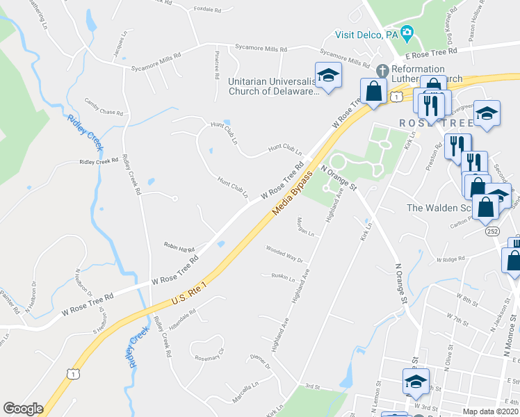 map of restaurants, bars, coffee shops, grocery stores, and more near 280 West Rose Tree Road in Media