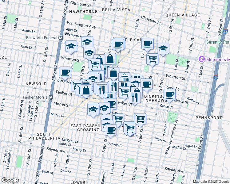 map of restaurants, bars, coffee shops, grocery stores, and more near 1507 South 9th Street in Philadelphia