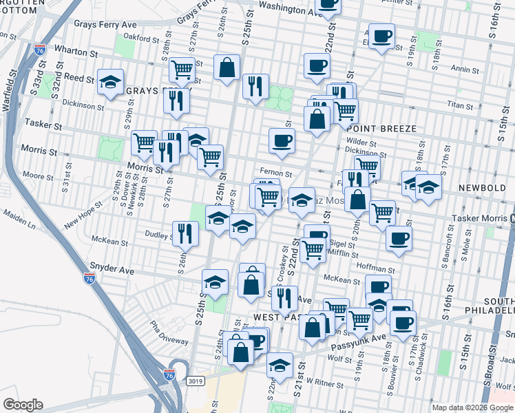map of restaurants, bars, coffee shops, grocery stores, and more near 2328 Moore Street in Philadelphia