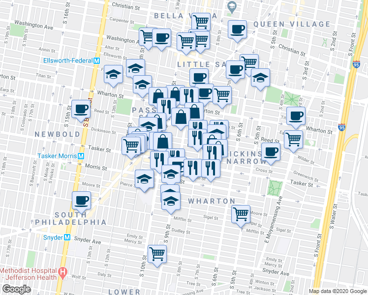 map of restaurants, bars, coffee shops, grocery stores, and more near 1507 South 9th Street in Philadelphia