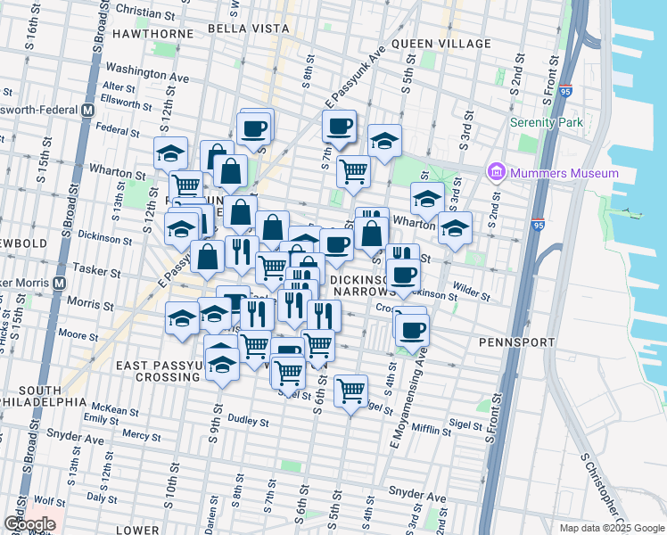 map of restaurants, bars, coffee shops, grocery stores, and more near 602 Wilder Street in Philadelphia