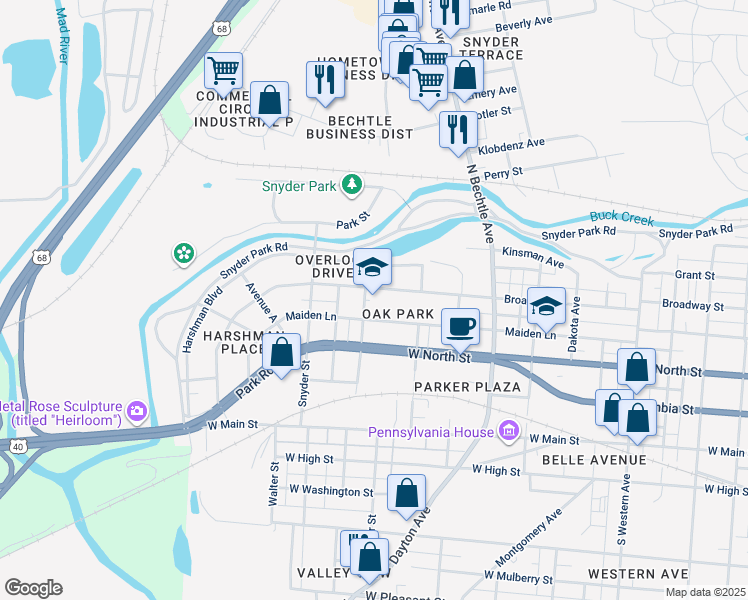 map of restaurants, bars, coffee shops, grocery stores, and more near 1600 Maiden Lane in Springfield