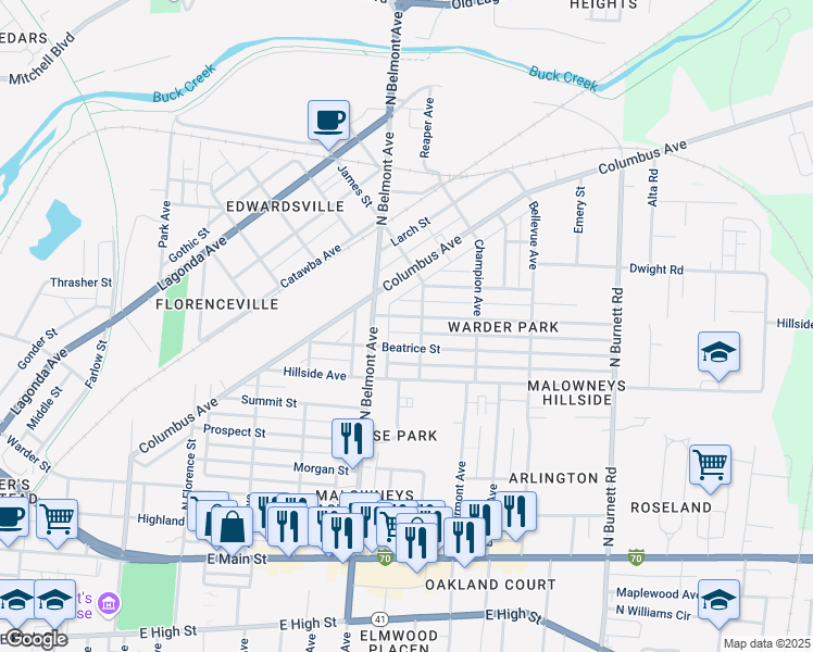 map of restaurants, bars, coffee shops, grocery stores, and more near 2024 Beatrice Street in Springfield