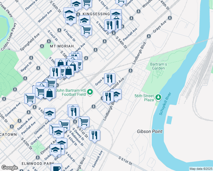 map of restaurants, bars, coffee shops, grocery stores, and more near 5705 Reedland Street in Philadelphia