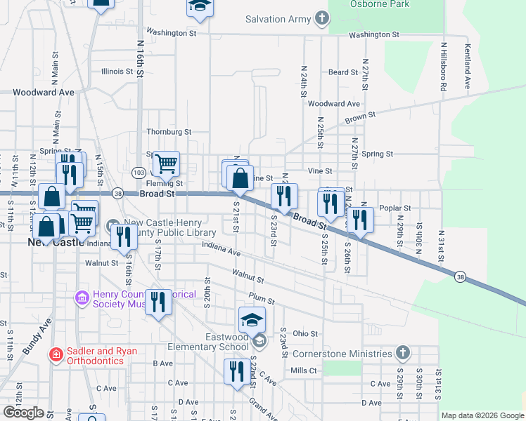 map of restaurants, bars, coffee shops, grocery stores, and more near 2280 Shopp Avenue in New Castle