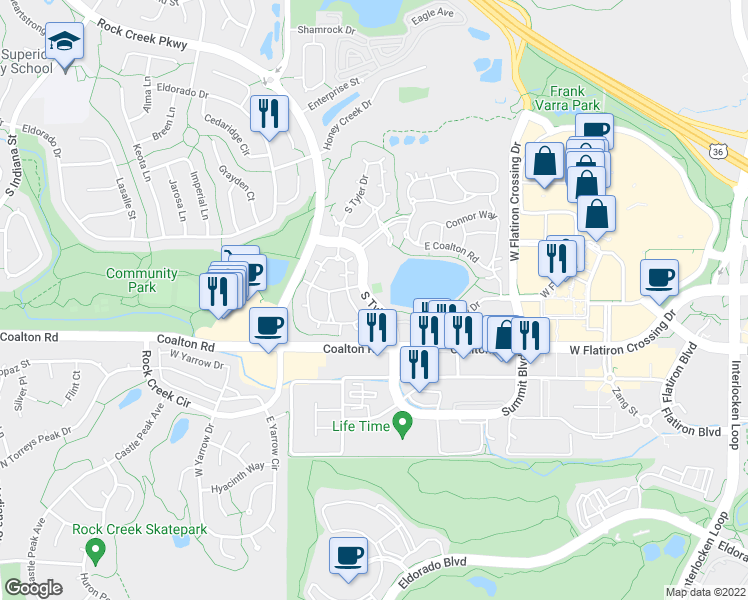 map of restaurants, bars, coffee shops, grocery stores, and more near 13 Coalton Road in Superior