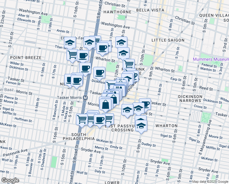 map of restaurants, bars, coffee shops, grocery stores, and more near 1600 South 12th Street in Philadelphia