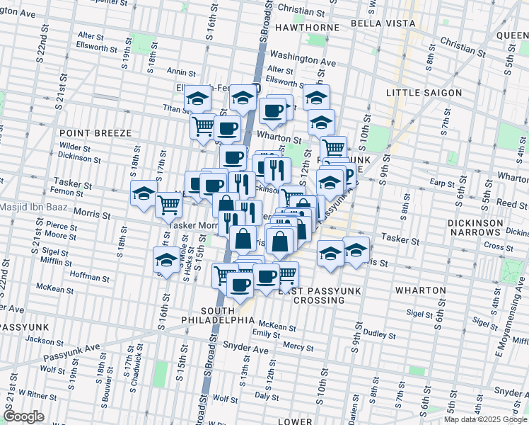 map of restaurants, bars, coffee shops, grocery stores, and more near 1303 Tasker Street in Philadelphia