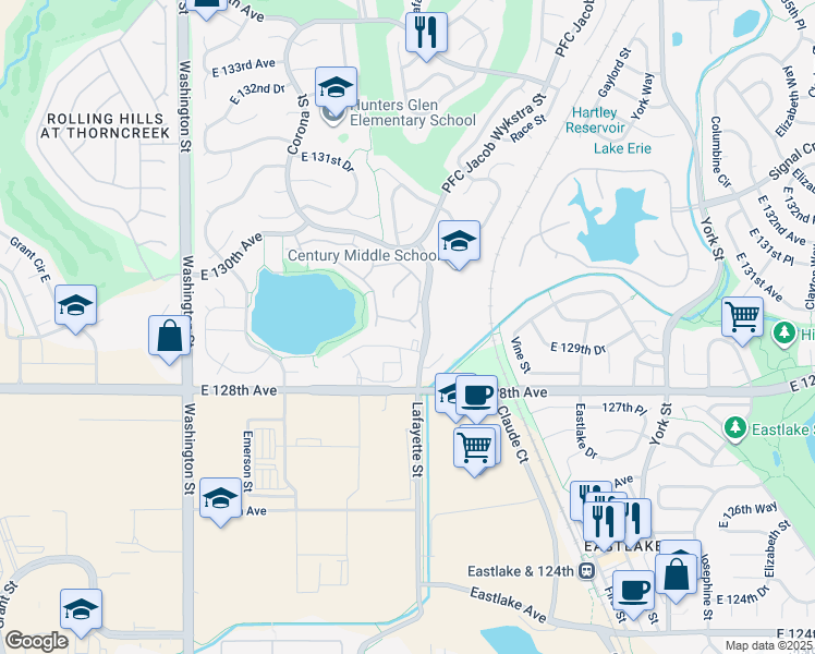 map of restaurants, bars, coffee shops, grocery stores, and more near 12801 Lafayette Street in Thornton