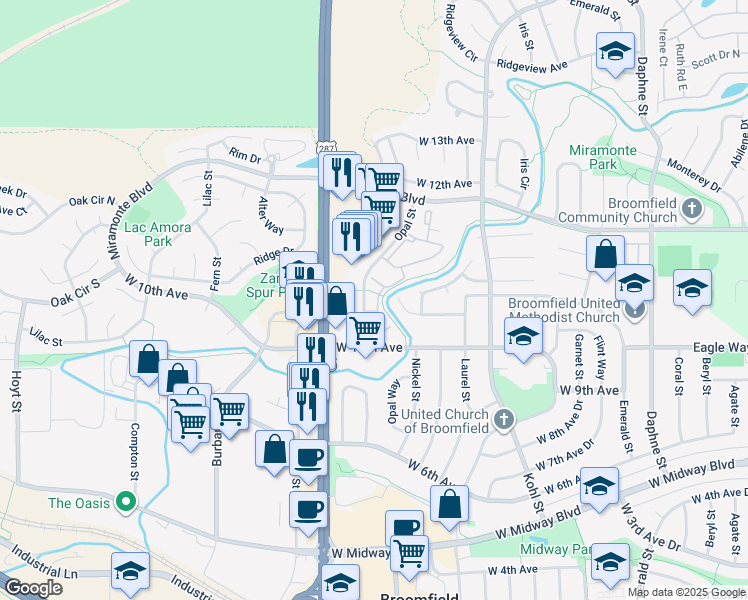 map of restaurants, bars, coffee shops, grocery stores, and more near 1050 Opal Street in Broomfield