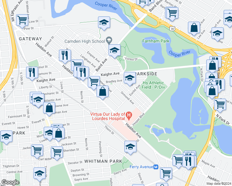 map of restaurants, bars, coffee shops, grocery stores, and more near 1465 Kenwood Avenue in Camden
