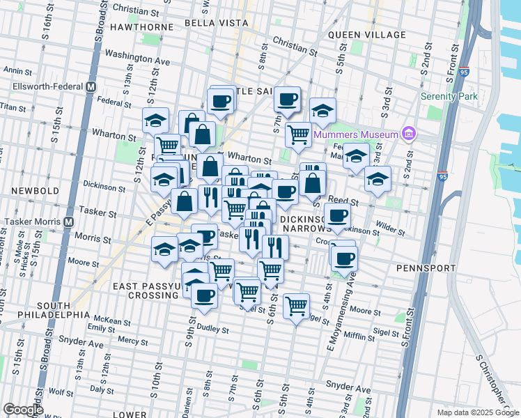 map of restaurants, bars, coffee shops, grocery stores, and more near 1501 South 7th Street in Philadelphia