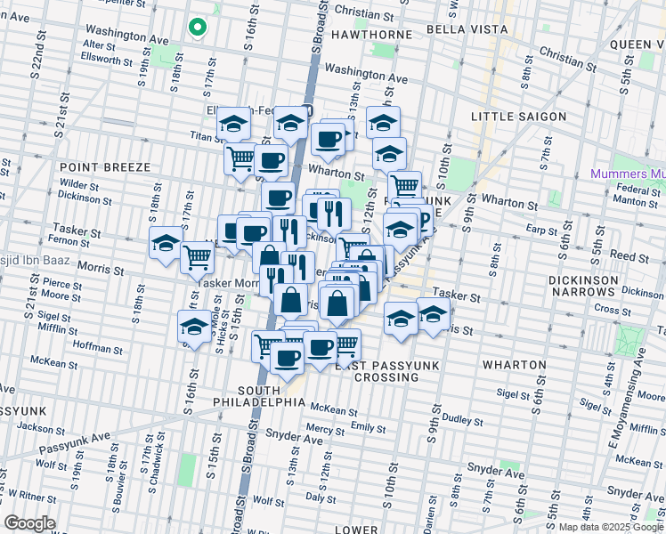 map of restaurants, bars, coffee shops, grocery stores, and more near 1606 South 13th Street in Philadelphia