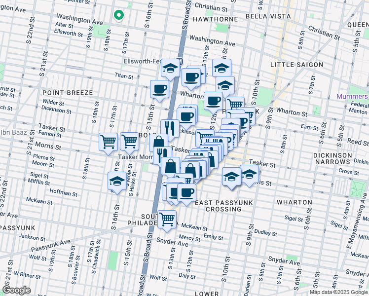 map of restaurants, bars, coffee shops, grocery stores, and more near 1606 South 13th Street in Philadelphia