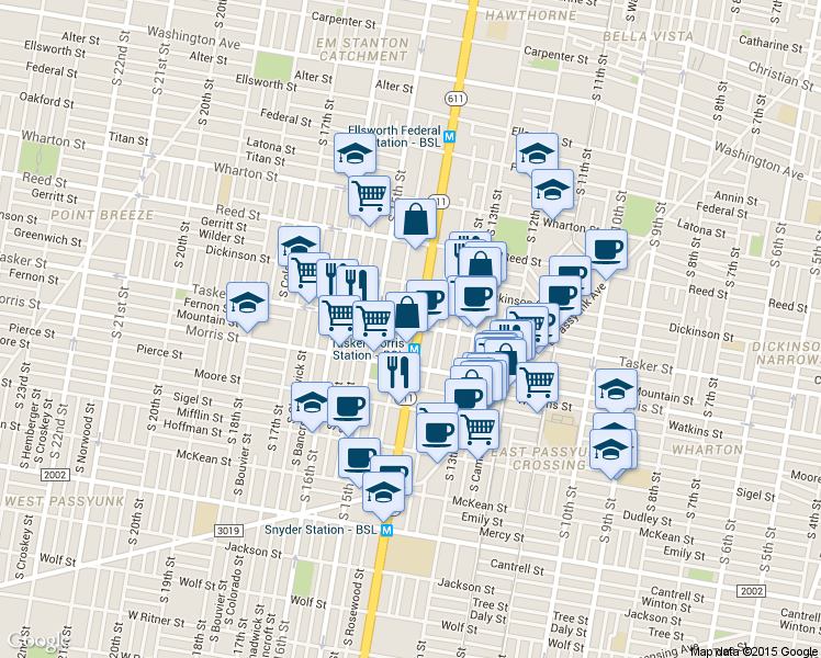 map of restaurants, bars, coffee shops, grocery stores, and more near in Philadelphia