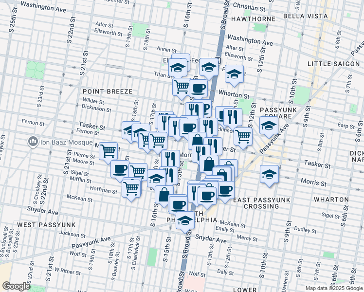 map of restaurants, bars, coffee shops, grocery stores, and more near in Philadelphia