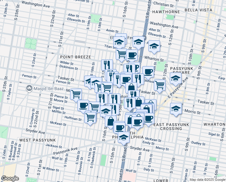 map of restaurants, bars, coffee shops, grocery stores, and more near 1621 South 16th Street in Philadelphia