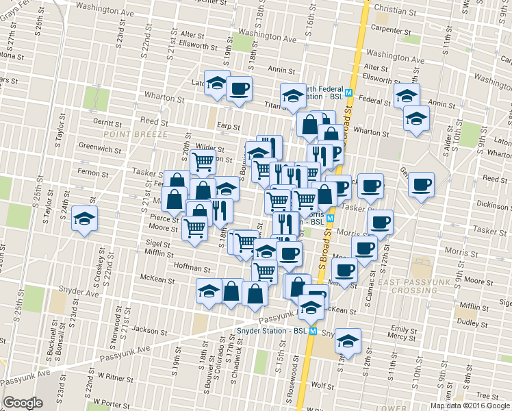 map of restaurants, bars, coffee shops, grocery stores, and more near 1648 South Bancroft Street in Philadelphia