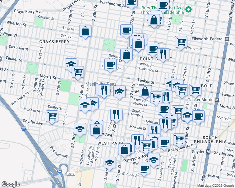 map of restaurants, bars, coffee shops, grocery stores, and more near 2142 Pierce Street in Philadelphia